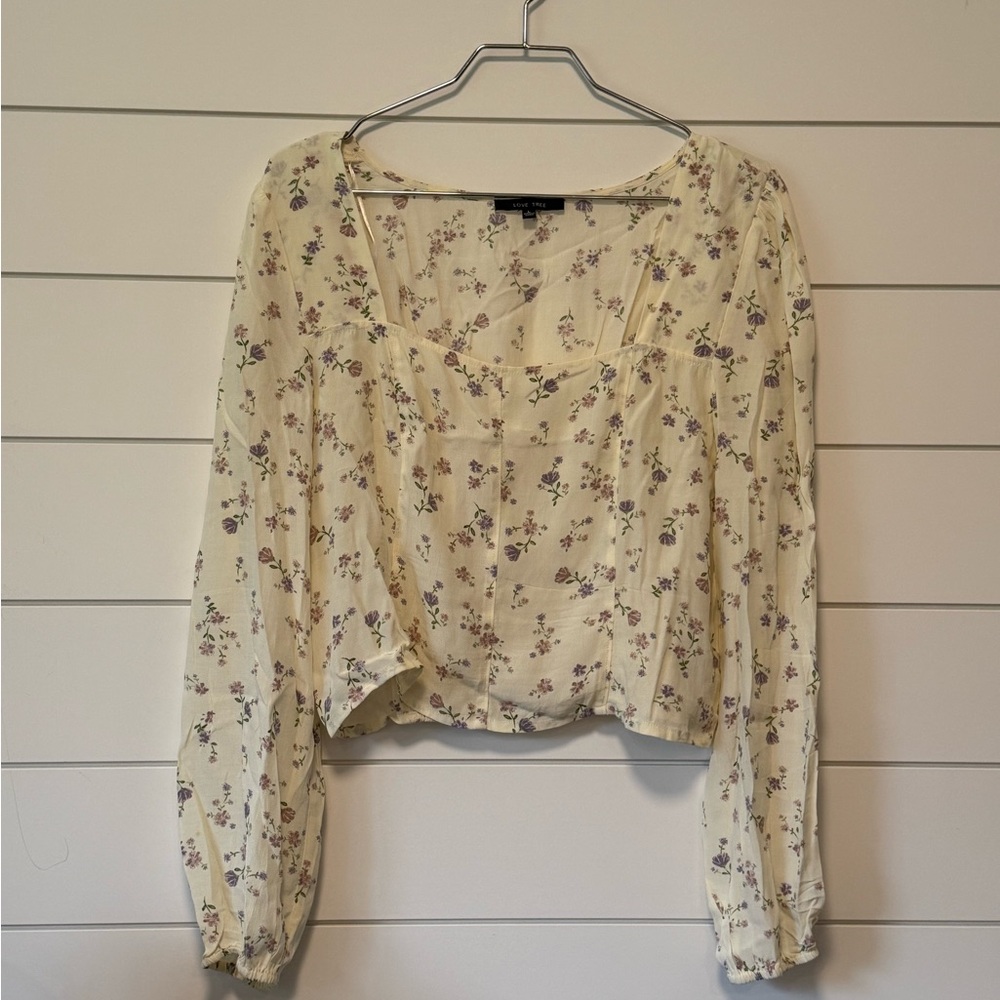 Love Tree Romantic Floral Cream Women's Blouse with Smocking Corset Fit - Size L